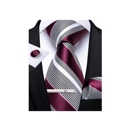 DiBanGu Burgundy and Grey Stripe Ties for Men Silk Woven Necktie Pocket Square Cufflink Tie Clip Set Formal Business Wedding