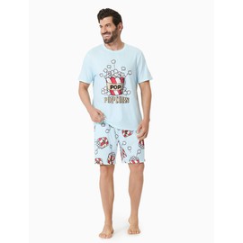 PATPAT Matching Pjs for Family Short Sleeve Popcorn Printed Shorts Sets Sleepwear Loungewear Dad and Son Matching 2 Piece Pajama Sets Casual Light Blue Couples Pajamas Matching Sets Adults Men XXL