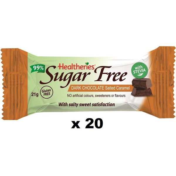 Healtheries 99% Sugar Free Dark Chocolate Salted Caramel Bars 20 x 21g - Expiry 09/24