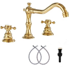 GGStudy 8-16 inch Two Handles 3 Holes Widespread Bathroom Sink Faucet Gold Basin Mixer Tap Faucet Matching Metal Pop Up Drain with Overflow