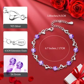 Women's Heart Bracelet 925 Silver Cubic Zirconia Bracelet Silver Crystal Bracelet Adjustable Jewellery Women's Gift for Christmas Valentine's Day for Her Women, Silver, Cubic Zirconia