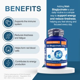 Zipvit Iron Tablets 14mg, (1 Year Supply), Supports Energy & Immunity, Iron Supplements for Women and Men as Bisglycinate Form, 365 Vegan Tablets
