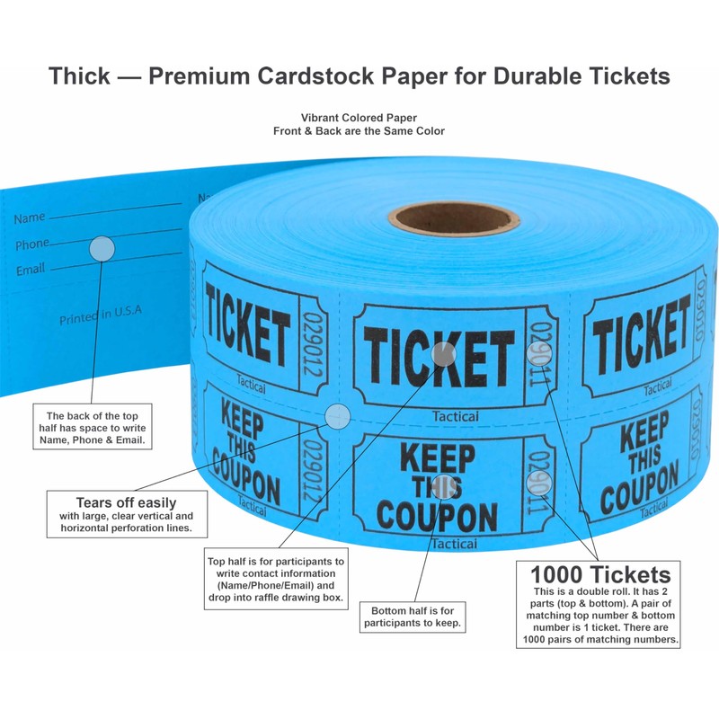 1000 Tacticai Raffle Tickets, Blue (1 of 8 Colors), Double