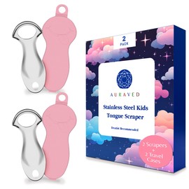 TONGUE SCRAPER FOR KIDS Stainless steel tongue cleaner, Improves Oral hygiene Kid friendly design, Dual Pack convinience/Two cases included(PINK/PINK)