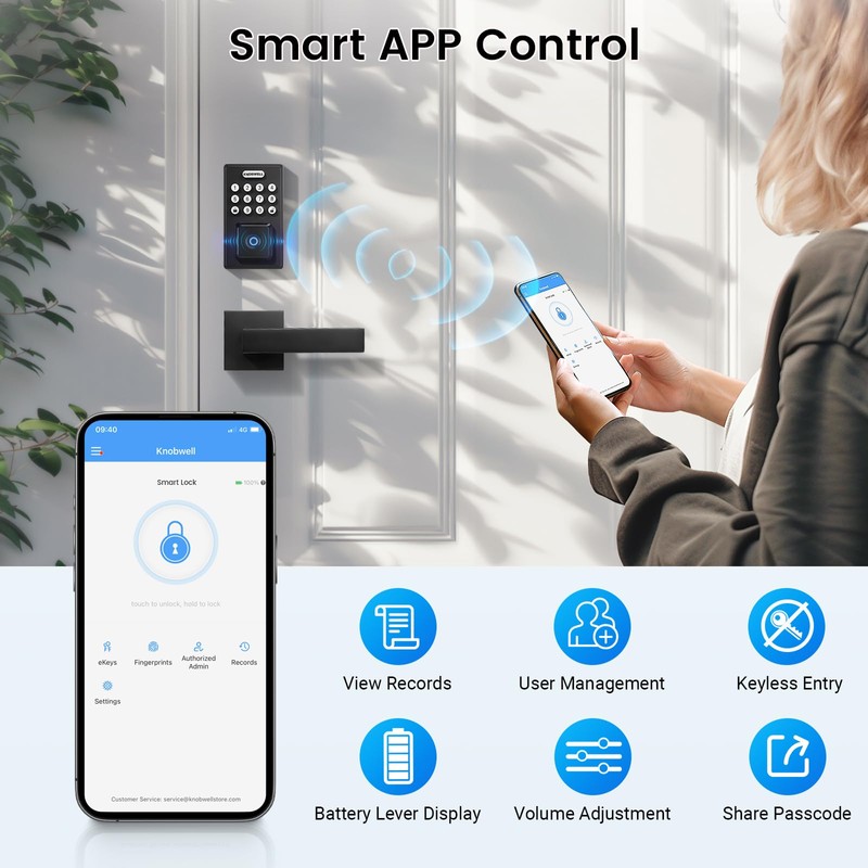 KNOBWELL Smart Fingerprint Door Lock with Lever Handle, Keyless Entry,