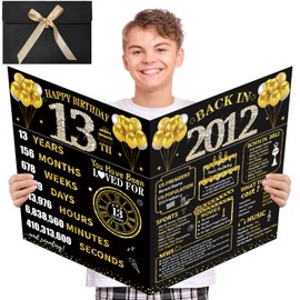 Kuxriox Large 13th Birthday Card with Envelope, Black Gold Happy 13th Birthday Giant Guest Book Gifts for Men Women, Giant Thirteen Bday Card Gifts Party Supplies, Back in 2012 Jumbo 13 Bday Card