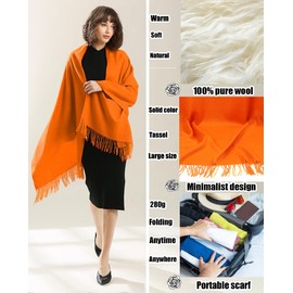 NUOHEMULE Travel Scarf with 100% Pure Lamb Wool，Large and Soft Pashmina and Shawl Wraps for Women,Ginger