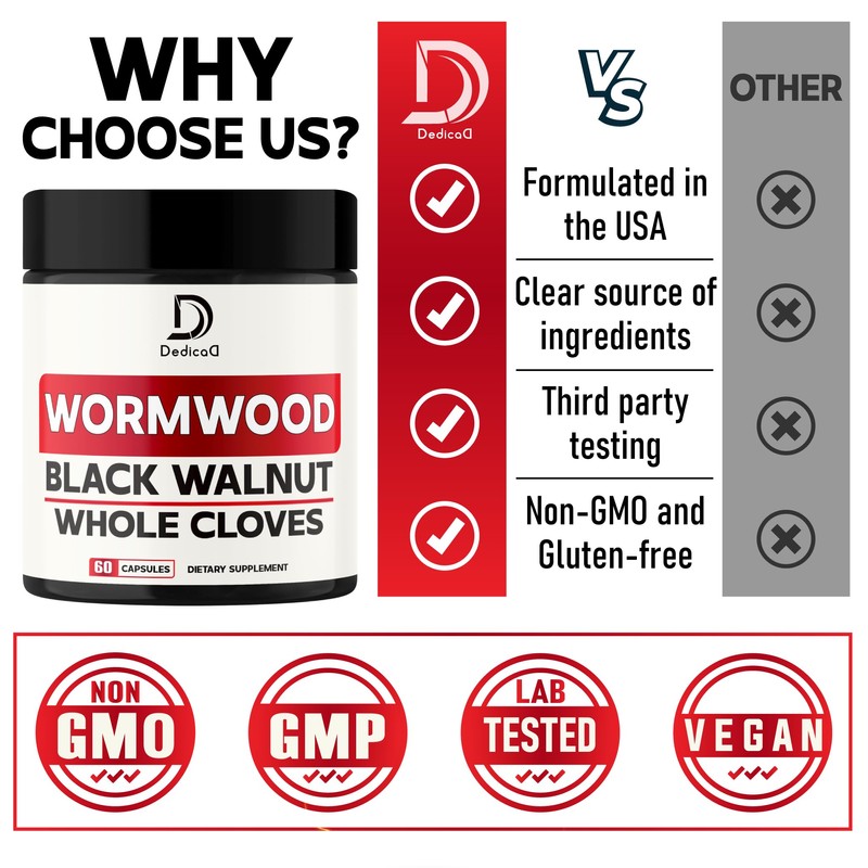 DEDICAD 12in1 Wormwood Capsules Black Walnut Cloves, Ginger, Turmeric Curcumin