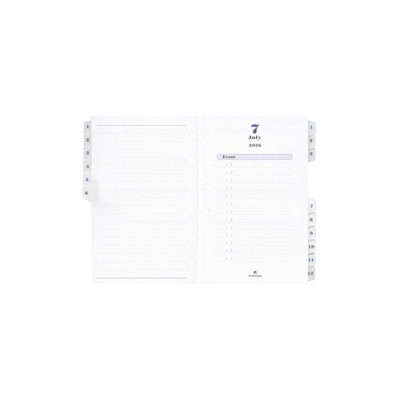 2026 Mini 6 Hole Size Monthly Diary Index & Memo