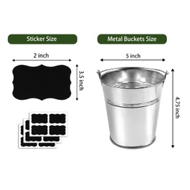 12 Metal Buckets with Chalkboard Stickers, Small Galvanized Pail for Party and Wedding, 5 Inch Tin Buckets, Garden Planters, (tie Tong)