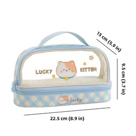 Bunny Pencil Pouch w/Handle Rabbit Kitten Bear Puppy Pen Case Cosmetic Bag Clear Case Transparent Waterproof (Kitten-Blue)