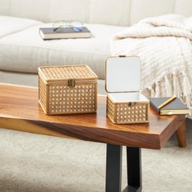 Deco 79 Rattan Handmade Decorative Box Woven Rattan Decorative Keepsake Boxes with Bronze Latches, Set of 2 Storage Boxes 7", 5"W, Brown