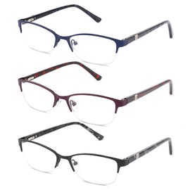 CRGATV 3-Pack Reading Glasses for Women Blue Light Blocking Metal Half Frame Computer Readers Anti UV/Eye Strain/Glare (+3.0 Magnification Strength)