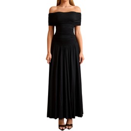 URYIAO Off The Shoulder Maxi Dress for Women Summer Ruched Bodycon Pleated Flowy Formal Wedding Guest Long Dresses S Black