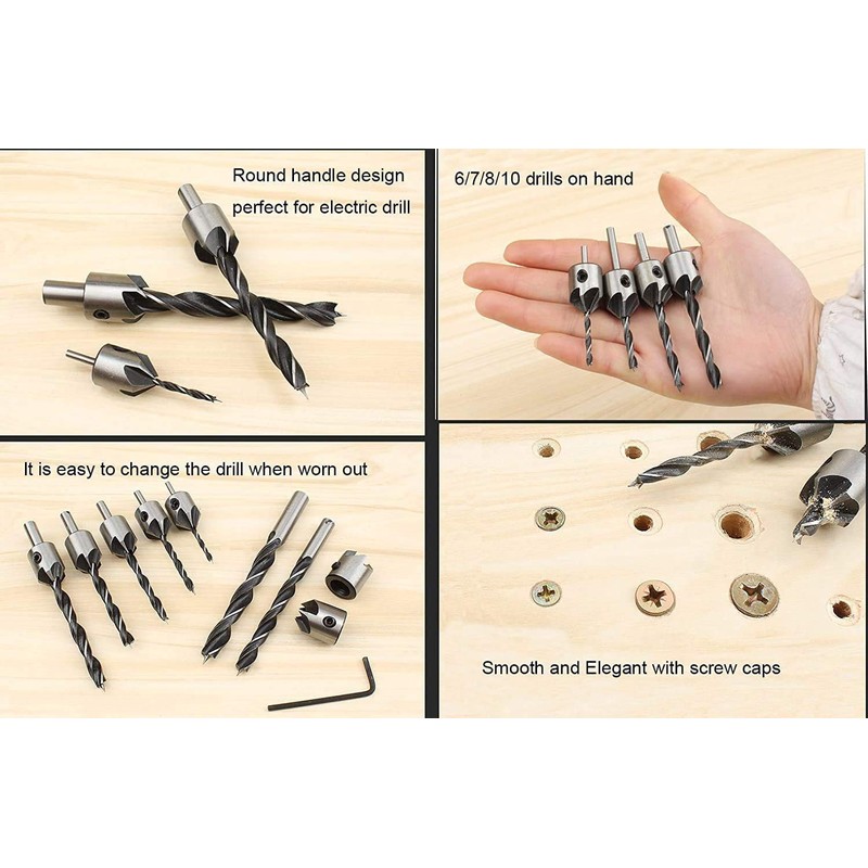 Malayas-Countersink Drill Bits, 7Pcs Woodworking Drill Bits Set, Woodworking Chamfer,