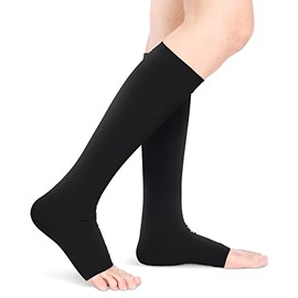 Compression Stockings for Men and Women, Open Toe Flight Compression Stockings, 20-30MmHg Graduated Support, Knee High Calf Compression Sleeves for Pregnancy, Travel, (L-Black)