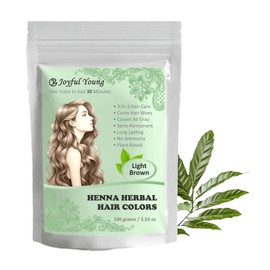 Joyful Young 3IN1 Henna Hair Color - 30 Min Fast Herbal Hair Dye for Gray Coverage, Conditioning & Hair Treatment - No Ammonia, Semi-Permanent, Plant-Based (LIGHT BROWN)