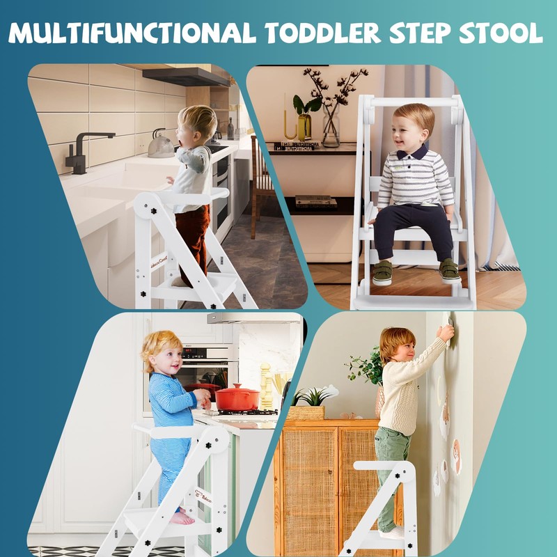 Foldable Toddler Tower, 3 Adjustable Height Toddler Standing Tower, Wooden