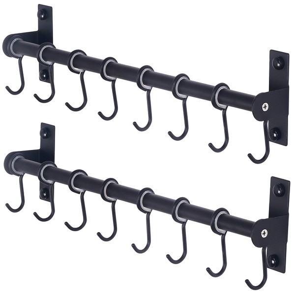 Dseap Pot Rack - Pots and Pans Hanging Rack Rail with 8 Hooks, Pot Hangers for Kitchen, Wall Mounted, Black, Pack of 2