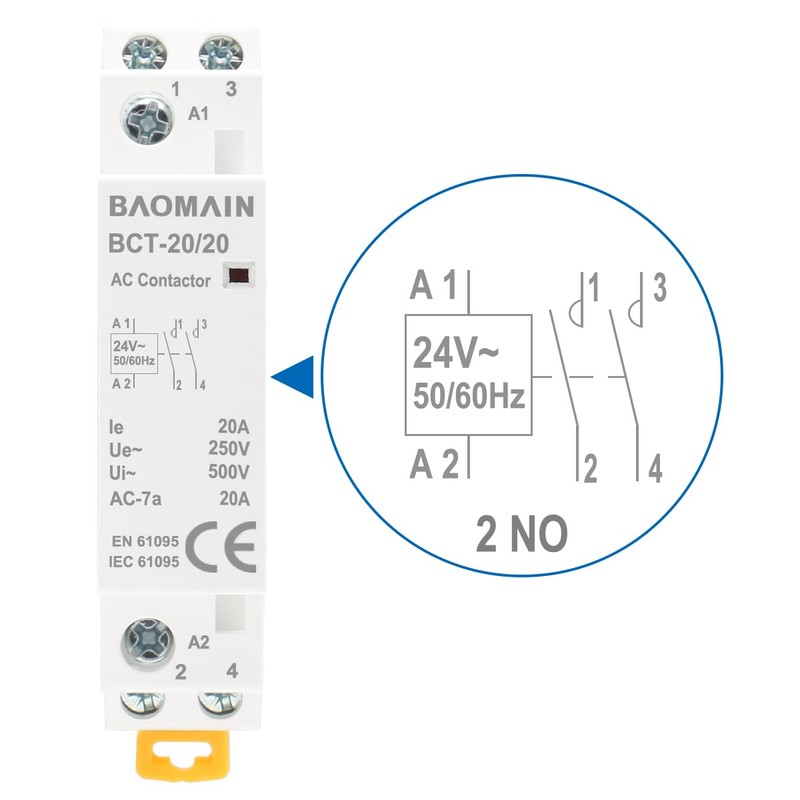 Baomain 24V AC 2-Pole Modular Contactor, 20A 2NO Normally Open,