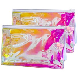 TotePrint 2 PCS Holographic Pink Cosmetic Bag Clear Iridescent Cosmetic Bag Portable Waterproof PVC Makeup Pouch Bag Zippered Toiletry Bag for Travel Women