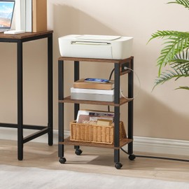 HOOBRO 3-Tier Printer Stand With Charging Station, Under Desk Table, Cart With Storage Shelves, Shelf for Small Spaces, Home Office, Rustic Brown and Black BF63UPS01