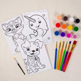 Horizon Group USA Pre-Printed Canvas & Paint Art Set, Ready to Paint 5" X 7" Canvas Panels, 12 Tempera Paints, 6 Easy-Grip Assorted Paintbrushes Included. Dog, Cat, Glitter Narwhal.