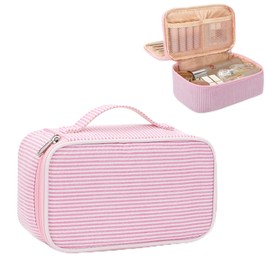 Twofold Cute Makeup Bag for Girls, Portable Pink Cosmetic Bag, Dual-Layer Makeup Pouch with Brush Holder, Multi-Functional Preppy Toiletry Organizer for Travel, Daily Use - Pink Strip