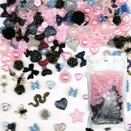 500Pcs 3D Mixed Pink Pearls Nail Charms Acrylic Multi Shapes Blue Heart Flower Bowknot Cute Nail Charms Heart Star Bow Pink Pearls Nail Art Charms for Manicure Jewelry DIY Crafts Accessories