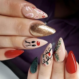 BFY Christmas Press on Nails Medium Almond Fake Nails, Xmas Tree Deer Acrylic Nails Kits, Gold Glitter Glossy False Nails Gel Glue on Nails for Women Winter New Year Nail Art Manicure 24 Pcs