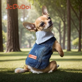 JcDuDoi Dog Jeans Jacket with Hooded Denim Pet Coat for Puppy Small Dogs Classic Overalls Male Cat Costumes Washed Vest Clothes Outfit T-Shirts(Hoodie Large)