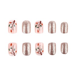 RUOKEXIN Fall Press-on Nails - Short, Square, Pink False Nails with Glitter Designs - 24 Pcs