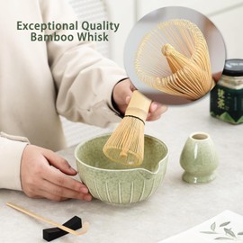 Matcha Whisk Set, Japanese Tea Set Includes Matcha Bowl with Spout, Matcha Whisk Holder (Chasen), Bamboo Whisk and Scoop, 17 oz Mottled Tea Green Glaze with Veritical Pattern Matcha Kit