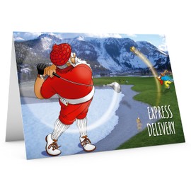 STREET SANTA - Golf Christmas Card - Large A5 Card Size - Funny Humour - Made in the UK - Express Delivery - Funny design of Santa hitting present down fairway - Great Card For Golfers