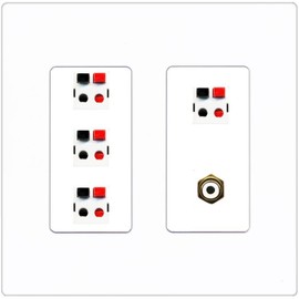 RiteAV 4 Port Speaker Wire Plug Jack Wall Plate with 1 RCA for Subwoofer - 2 Gang [Screwless White]