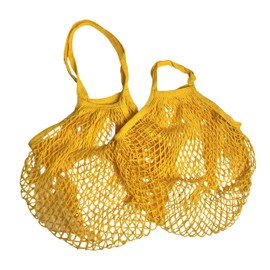 Modo Reusable (2 Pack) Cotton Net Shopping Bags, 1 Short and 1 Long Bag, Multipurpose Toy Storage (Yellow)