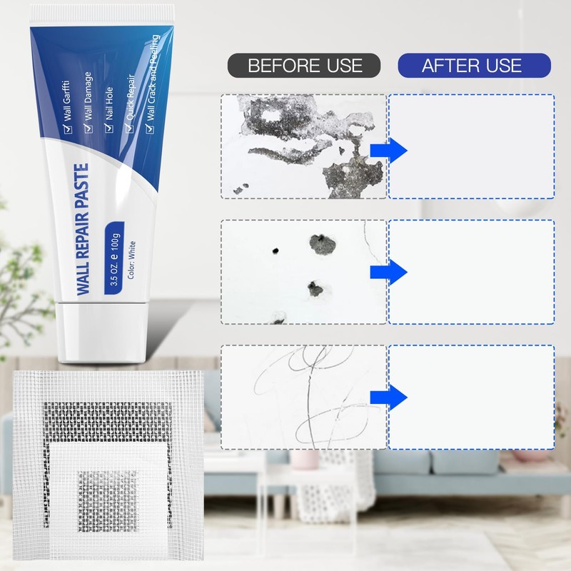 SEISSO Drywall Repair Kit, Wall Mending Agent*3(100g), Wall Patch*4, Scraper