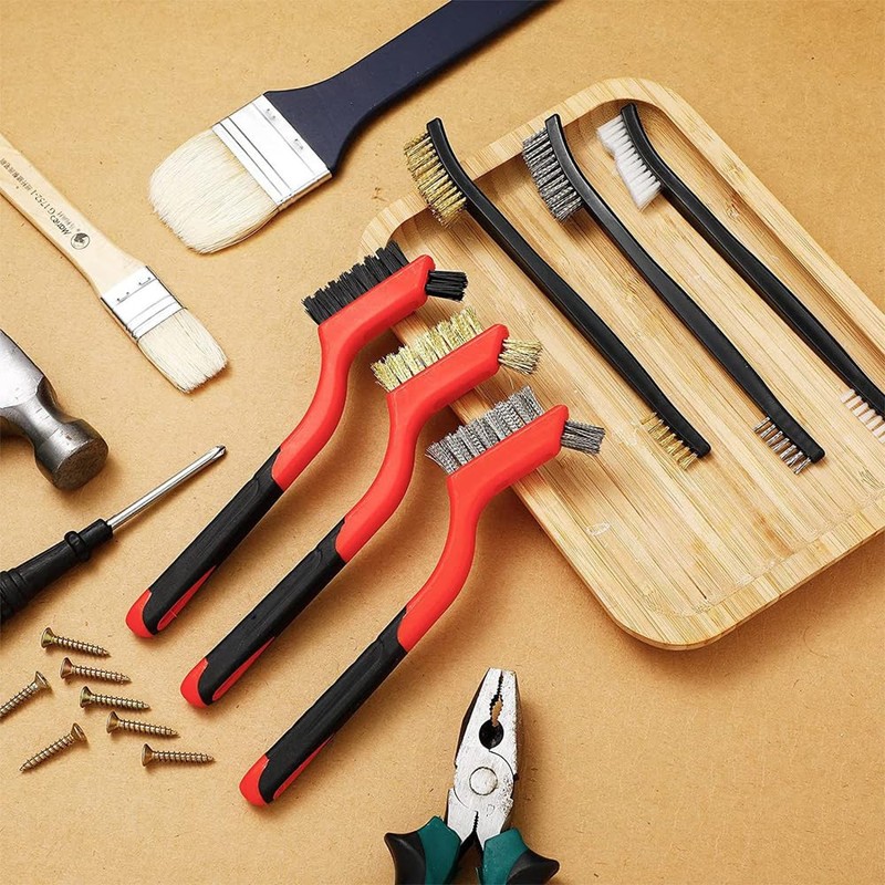 6 Pcs Wire Brush Set , Stainless Steel/Brass/Nylon/Bristle Brushes for