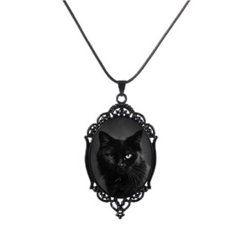 YWMAN Gothic Black Cat Cameo Necklace- Mysterious Cat Glass Pendant- Goth Charms Jewelry Gift Witch Costume Accessories