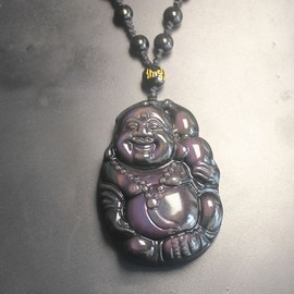HLbshi Natural black obsidian rainbow obisidan ice obsidian Maitreya launghing buddha necklace Amulet pendant bead chain, Crystal, Obsidian