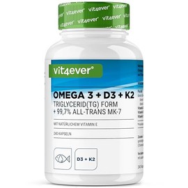 vit4ever Omega 3 + Vitamin D3 + K2 with 240 Capsules 4 Month Supply - High Dose Fish Oil with EPA & DHA - Premium 99.7+% All-Trans K2 with Omega 3 in Triglyceride Form and Bioavailable D3