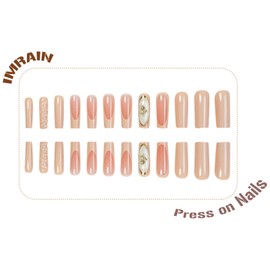 IMRAIN Long Square Press on Nails Yellow French Tips Fake Nails with Gold Rose Charms Designs Full Cover Acrylic False Nails Glossy Artificial Glue on Nails for Women 24Pcs