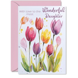 Daughter Birthday Card - Watercolour Tulips Flowers - Happy Birthday Card for Daughter from Dad Mum, A5 Female Floral Bday Greeting Cards