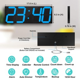 CHKOSDA LED Large Digital Wall Clock, Oversize Wall Clock with 6” Numbers, Remote Control Count up/Countdown Timer Clock, Auto Dimmer, Big Calendar and Thermometer(Ice Blue)