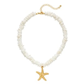 HolidayQbee Gold Starfish Pendant Necklace For Women Starfish Necklace With White Beach Puka Shell Chain Necklace Starfish Choker Necklace Ocean Beach Beaded Fashion Chic Jewelry