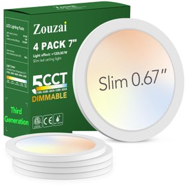 zouzai Third Generation LED Flush Mount Ceiling Light, Dimmable 5CCT Selectable 2700K/3000K/4000K/5000K/6000K,7 inch 15W Ultra Thin Round Lighting Fixture for Bedroom ETL Listed（7 inch 4 Pack）