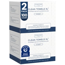 Clean Skin Club Clean Towels XL®, 100% USDA Biobased Face Towel, Disposable Face Towelette, Eczema Association Accepted, Makeup Remover Dry Wipes, Ultra Soft, 50 ct per pack, 2 Packs, 100 Ct Total