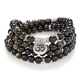 Yoga Symbol 8mm Mala Beads Bracelet 108 Spiritual Necklace Meditation Accessories Jewelry for Women Men Gifts (Gold Obsidian)