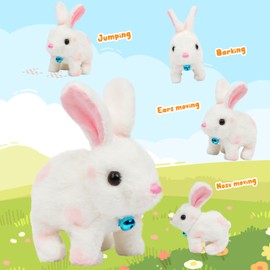 Easfan Bunny Plush Toy Jumping Spotted Rabbit Talking Hopping Ears Nose Moving Educational Plush Toy Singing Shaking Glowing Interactive Toy Electric for Toddlers Kids