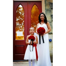 Angel Isabella Classic Bridal Bouquet - Apple Red Rose with Rhinestone Black Ribbon with Bling Accents